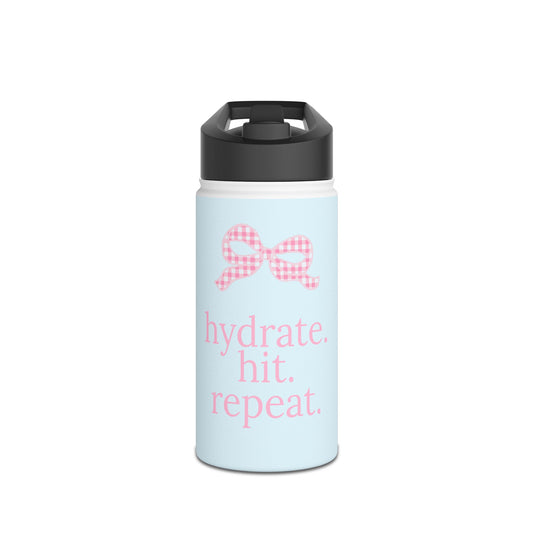 Hydrate. Hit. Repeat. Stainless Steel Water Bottle — Pastel Fitness Bottle with Pink Gingham Bow
