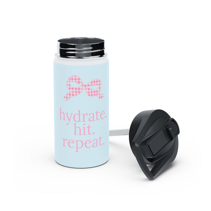 Hydrate. Hit. Repeat. Stainless Steel Water Bottle — Pastel Fitness Bottle with Pink Gingham Bow